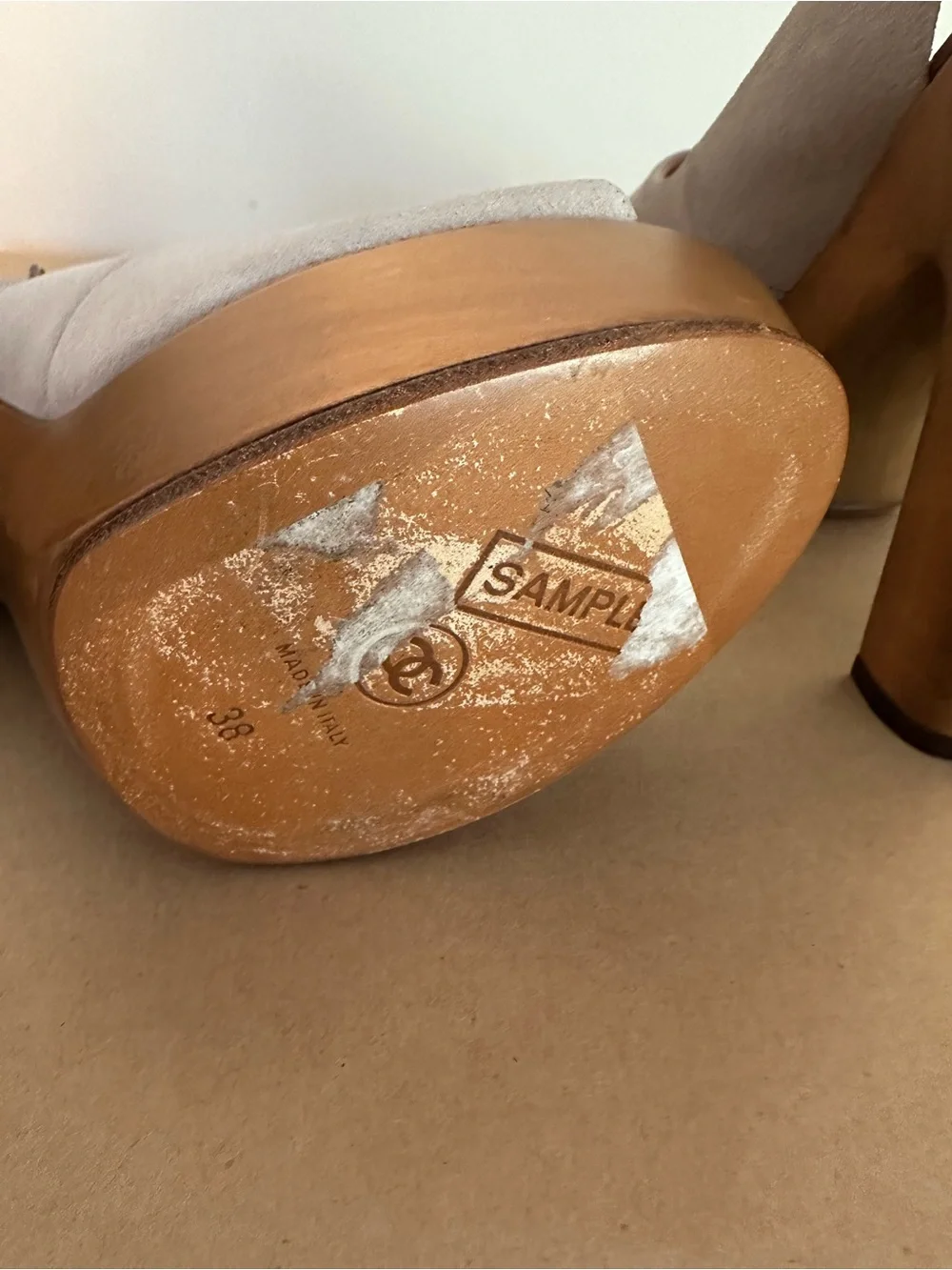 CHANEL Beige Nubuck Open-Toe Slingback Heels